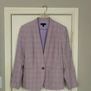 Striking pantsuit in lovely lilac, gray and cream plaid. Blazer and trousers.